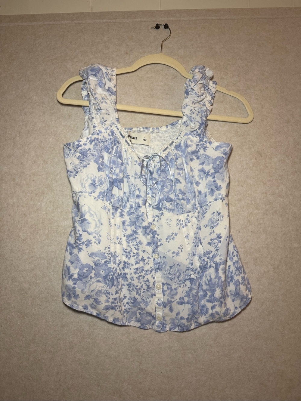 Hollister Off The Shoulder Blue Floral Pintuck Sleeveless Tank Blouse Size L